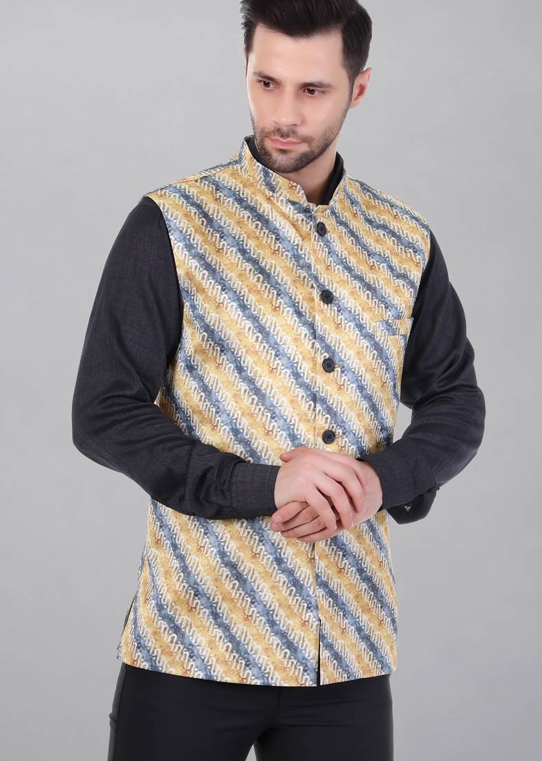  men's lahriya print ethnic nehru jacket - blue yellow