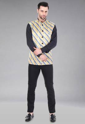  men's lahriya print ethnic nehru jacket - blue yellow 4