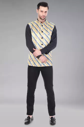  men's lahriya print ethnic nehru jacket - blue yellow