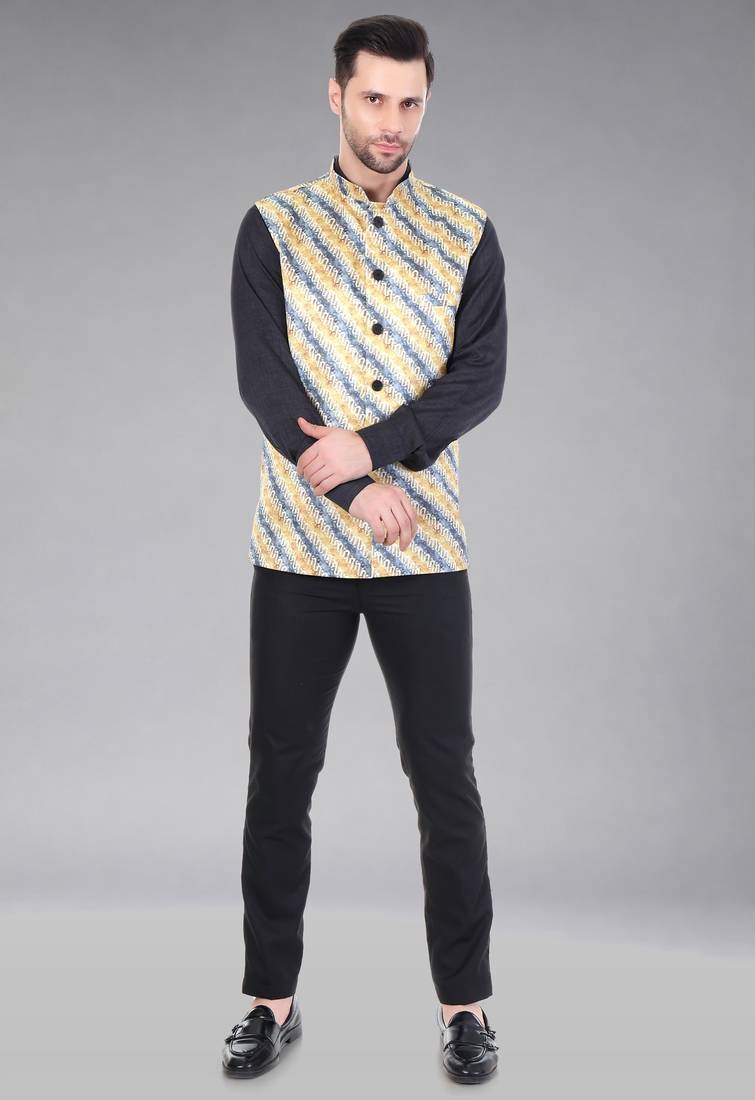  men's lahriya print ethnic nehru jacket - blue yellow