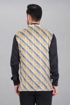  men's lahriya print ethnic nehru jacket - blue yellow 5