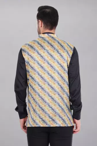  men's lahriya print ethnic nehru jacket - blue yellow
