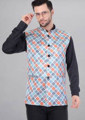 Veera paridhaan men's bandhej print ethnic nehru jacket - blue orange (size 36) 1