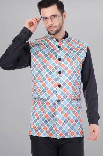 Veera paridhaan men's bandhej print ethnic nehru jacket - blue orange (size 36)