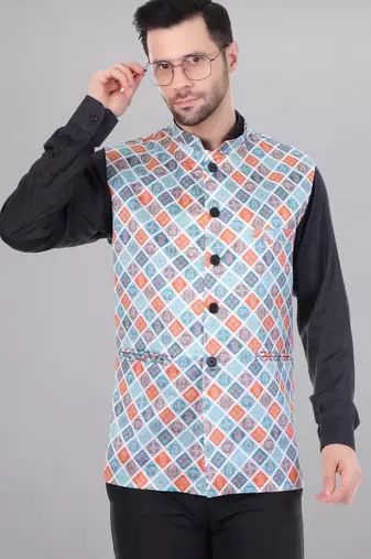 Veera paridhaan men's bandhej print ethnic nehru jacket - blue orange (size 36)