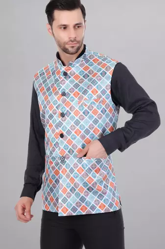 Veera paridhaan men's bandhej print ethnic nehru jacket - blue orange (size 36)