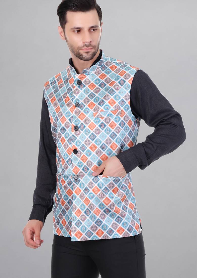 Veera paridhaan men's bandhej print ethnic nehru jacket - blue orange (size 36)