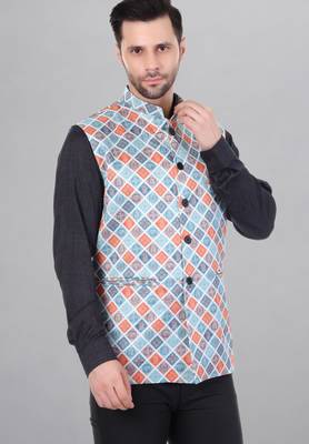Veera paridhaan men's bandhej print ethnic nehru jacket - blue orange (size 36) 3