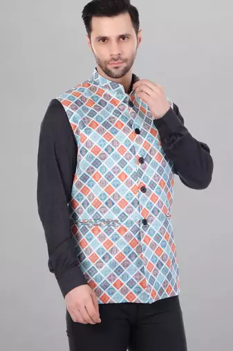 Veera paridhaan men's bandhej print ethnic nehru jacket - blue orange (size 36)