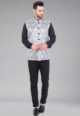 Veera paridhaan men's bandhej print ethnic nehru jacket - blue orange (size 36) 4