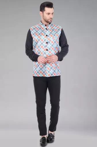 Veera paridhaan men's bandhej print ethnic nehru jacket - blue orange (size 36)