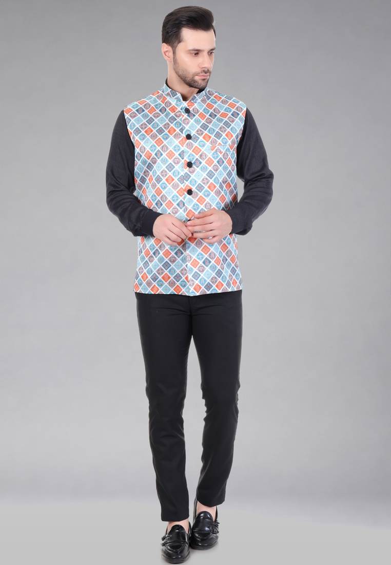 Veera paridhaan men's bandhej print ethnic nehru jacket - blue orange (size 36)