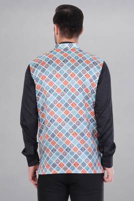 Veera paridhaan men's bandhej print ethnic nehru jacket - blue orange (size 36) 5