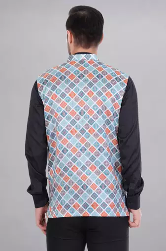 Veera paridhaan men's bandhej print ethnic nehru jacket - blue orange (size 36)