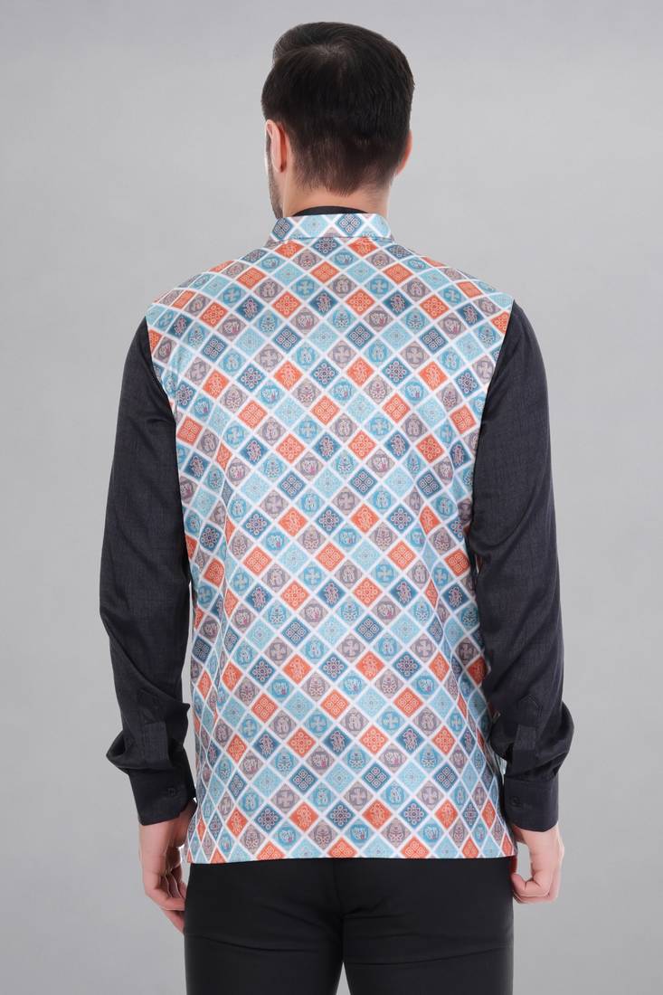 Veera paridhaan men's bandhej print ethnic nehru jacket - blue orange (size 36)