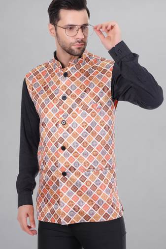  men's bandhej print ethnic nehru jacket - orange
