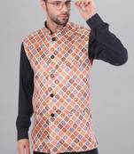  men's bandhej print ethnic nehru jacket - orange