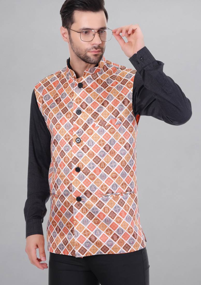  men's bandhej print ethnic nehru jacket - orange