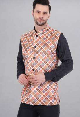  men's bandhej print ethnic nehru jacket - orange 2