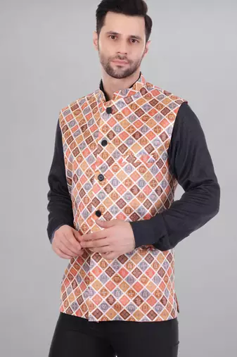  men's bandhej print ethnic nehru jacket - orange