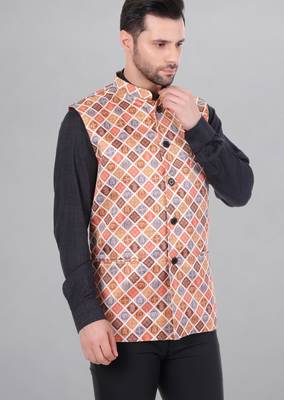  men's bandhej print ethnic nehru jacket - orange 3