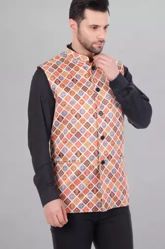  men's bandhej print ethnic nehru jacket - orange