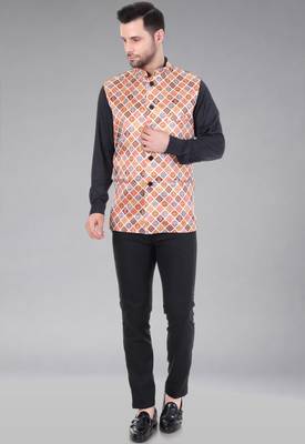  men's bandhej print ethnic nehru jacket - orange 4