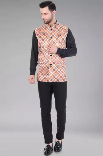  men's bandhej print ethnic nehru jacket - orange