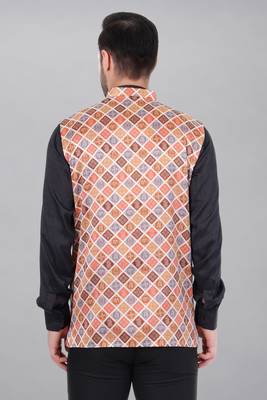  men's bandhej print ethnic nehru jacket - orange 5