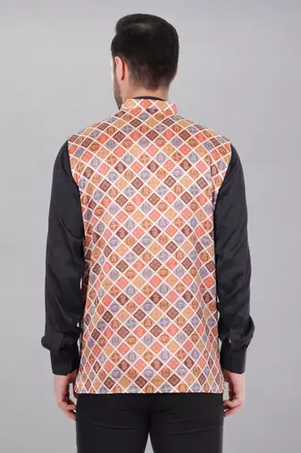  men's bandhej print ethnic nehru jacket - orange