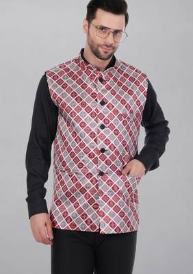  men's bandhej print ethnic nehru jacket - maroon 1