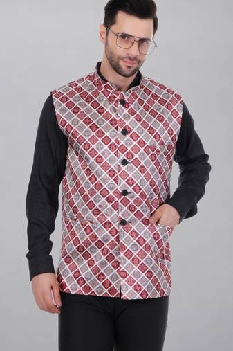  men's bandhej print ethnic nehru jacket - maroon
