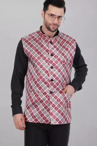  men's bandhej print ethnic nehru jacket - maroon