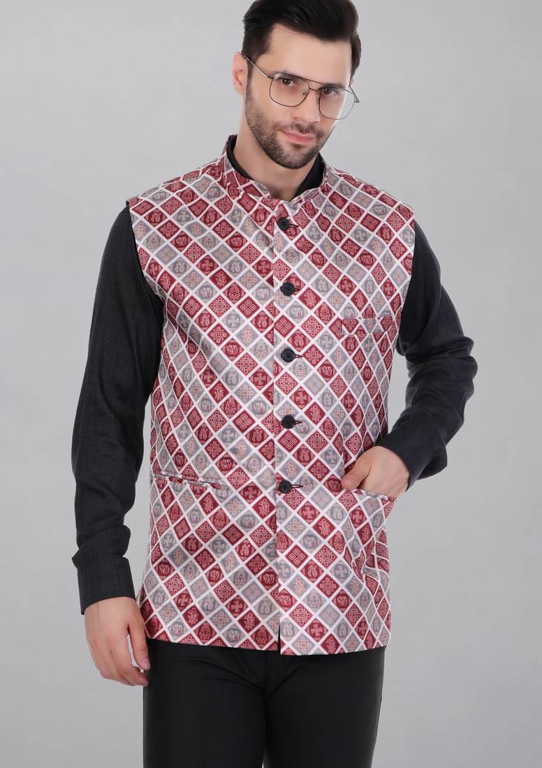  men's bandhej print ethnic nehru jacket - maroon