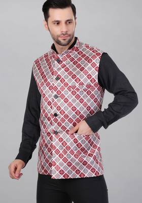  men's bandhej print ethnic nehru jacket - maroon 2