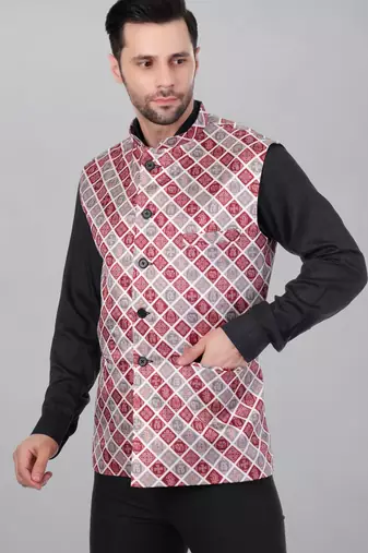  men's bandhej print ethnic nehru jacket - maroon