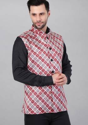  men's bandhej print ethnic nehru jacket - maroon 3