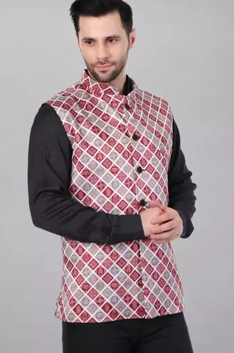  men's bandhej print ethnic nehru jacket - maroon