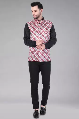  men's bandhej print ethnic nehru jacket - maroon