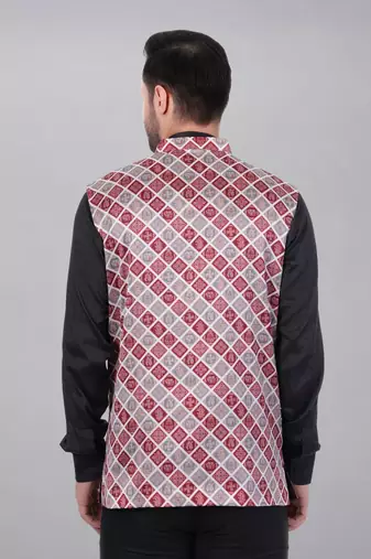  men's bandhej print ethnic nehru jacket - maroon