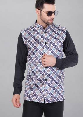  men's bandhej print ethnic nehru jacket - blue 1
