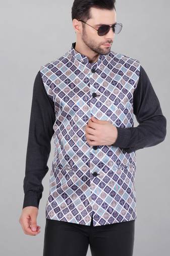  men's bandhej print ethnic nehru jacket - blue