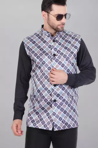  men's bandhej print ethnic nehru jacket - blue