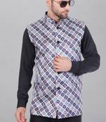  men's bandhej print ethnic nehru jacket - blue