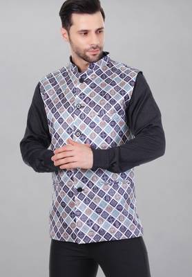  men's bandhej print ethnic nehru jacket - blue 2