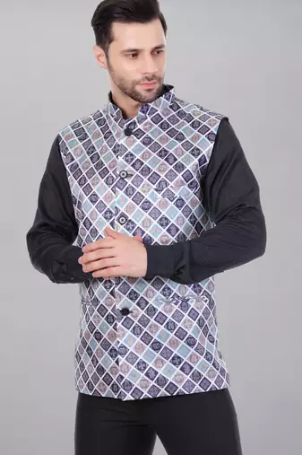  men's bandhej print ethnic nehru jacket - blue