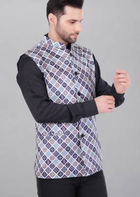  men's bandhej print ethnic nehru jacket - blue 3