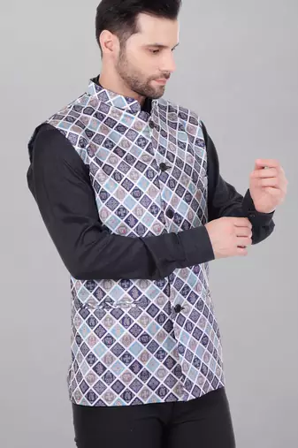  men's bandhej print ethnic nehru jacket - blue