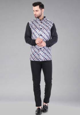  men's bandhej print ethnic nehru jacket - blue 4