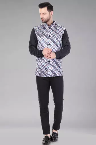  men's bandhej print ethnic nehru jacket - blue